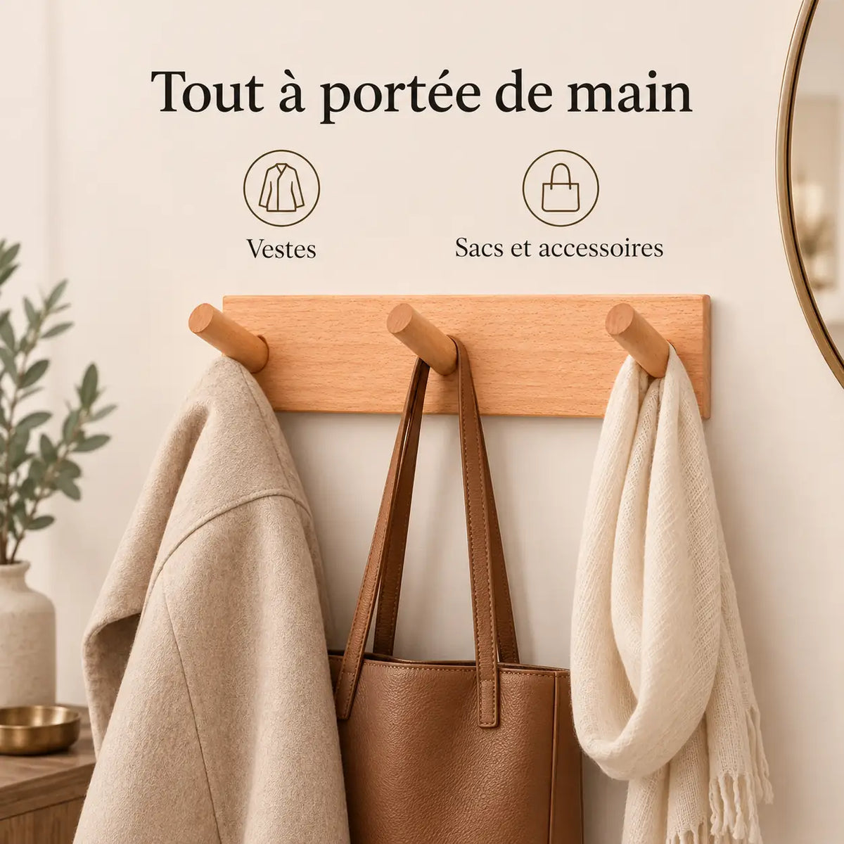 Crochet mural bois massif naturel pour entrée et couloir - utilisation pour vêtements et accessoires