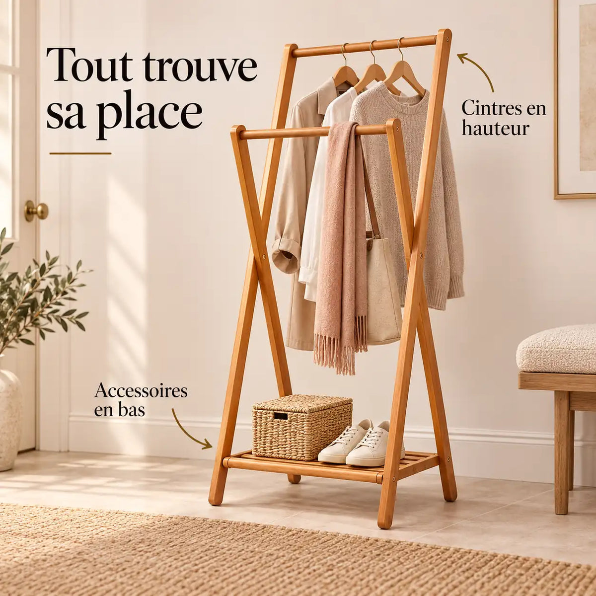 Portant bambou pliant sur pied 51 x 114 cm - utilisation dans un dressing