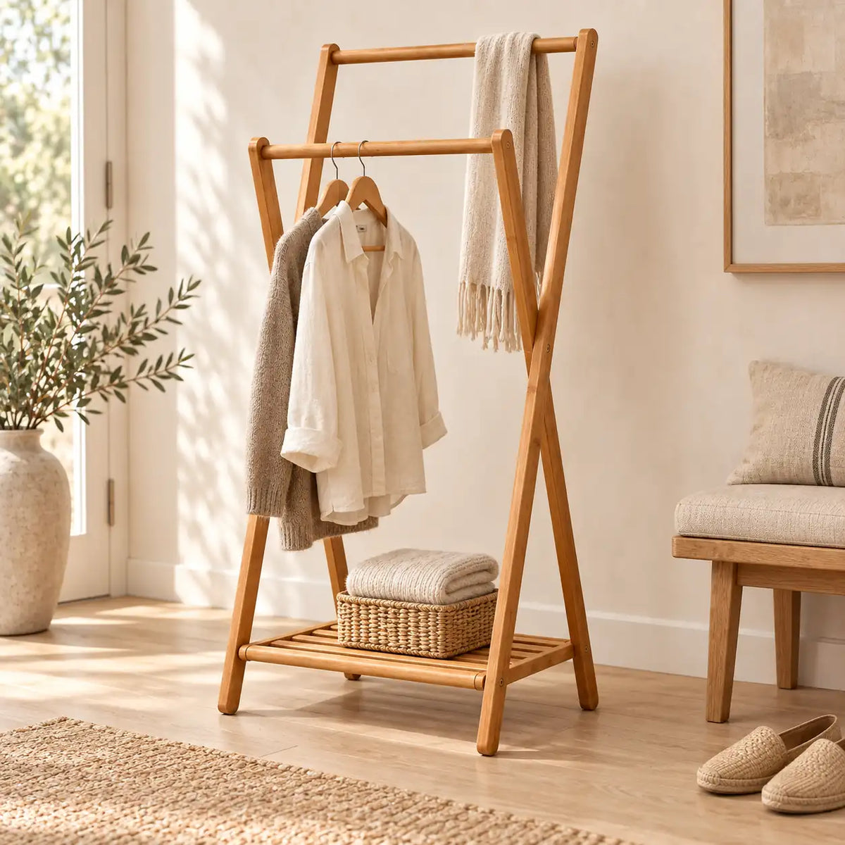Portant bambou pliant sur pied 51 x 114 cm - mise en scène dans une chambre