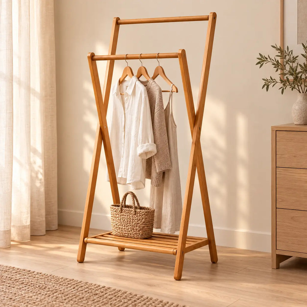 Portant bambou pliant sur pied 51 x 114 cm - ambiance dans un dressing contemporain