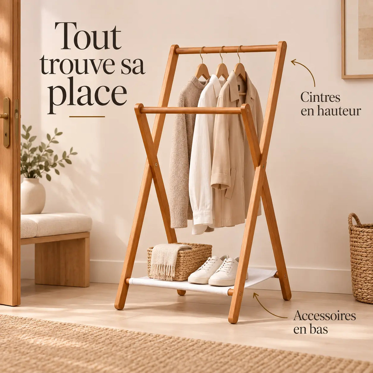 Portant bambou pliant sur pied 51 x 92 cm - utilisation dans un dressing