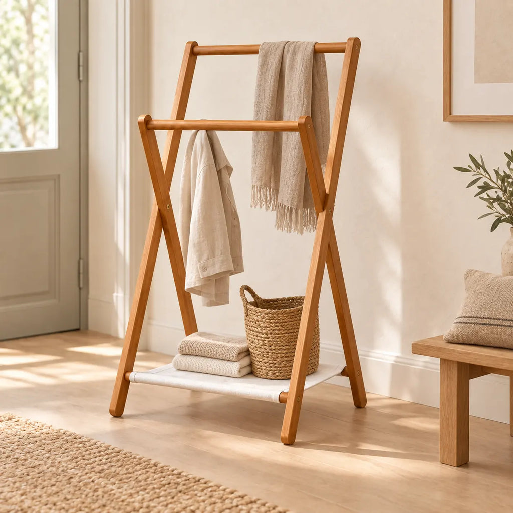 Portant bambou pliant sur pied 51 x 92 cm - mise en scène dans une chambre