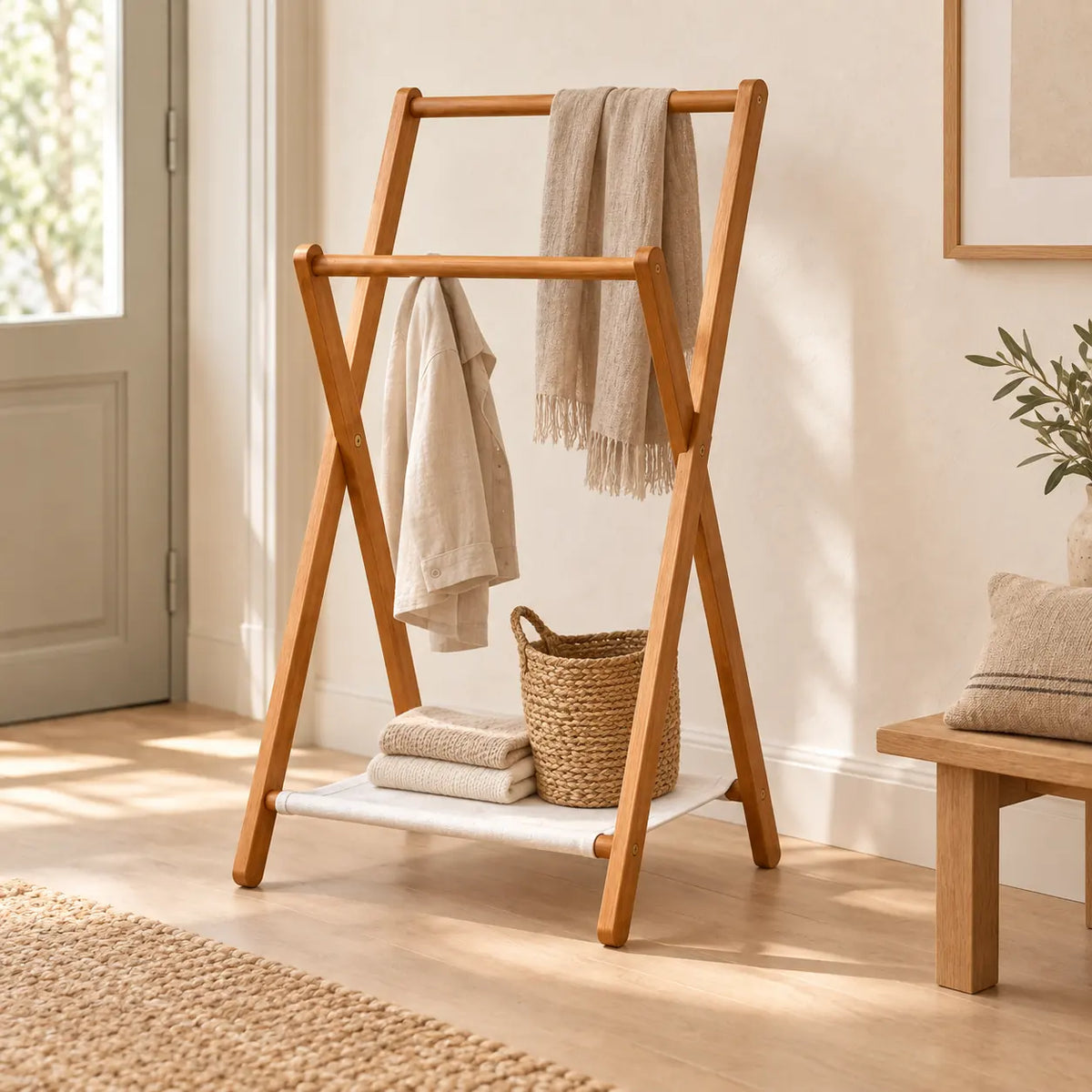 Portant bambou pliant sur pied 51 x 92 cm - mise en scène dans une chambre Image