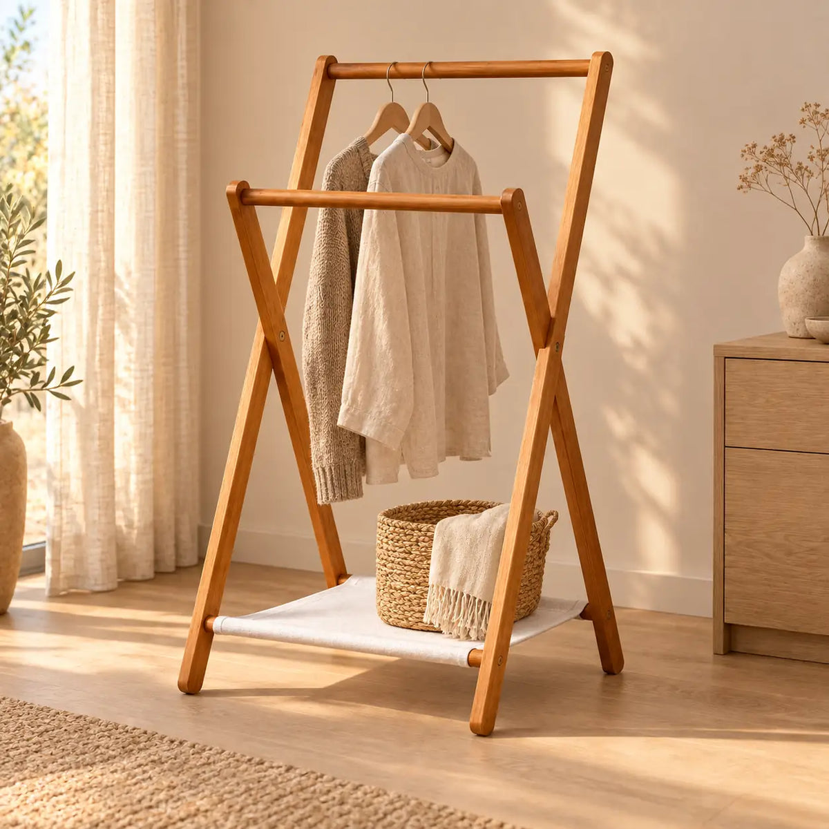 Portant bambou pliant sur pied 51 x 92 cm - ambiance dans un dressing contemporain