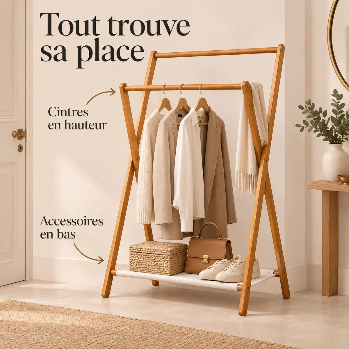 Portant bambou pliant sur pied 79 x 114 cm - utilisation dans un dressing