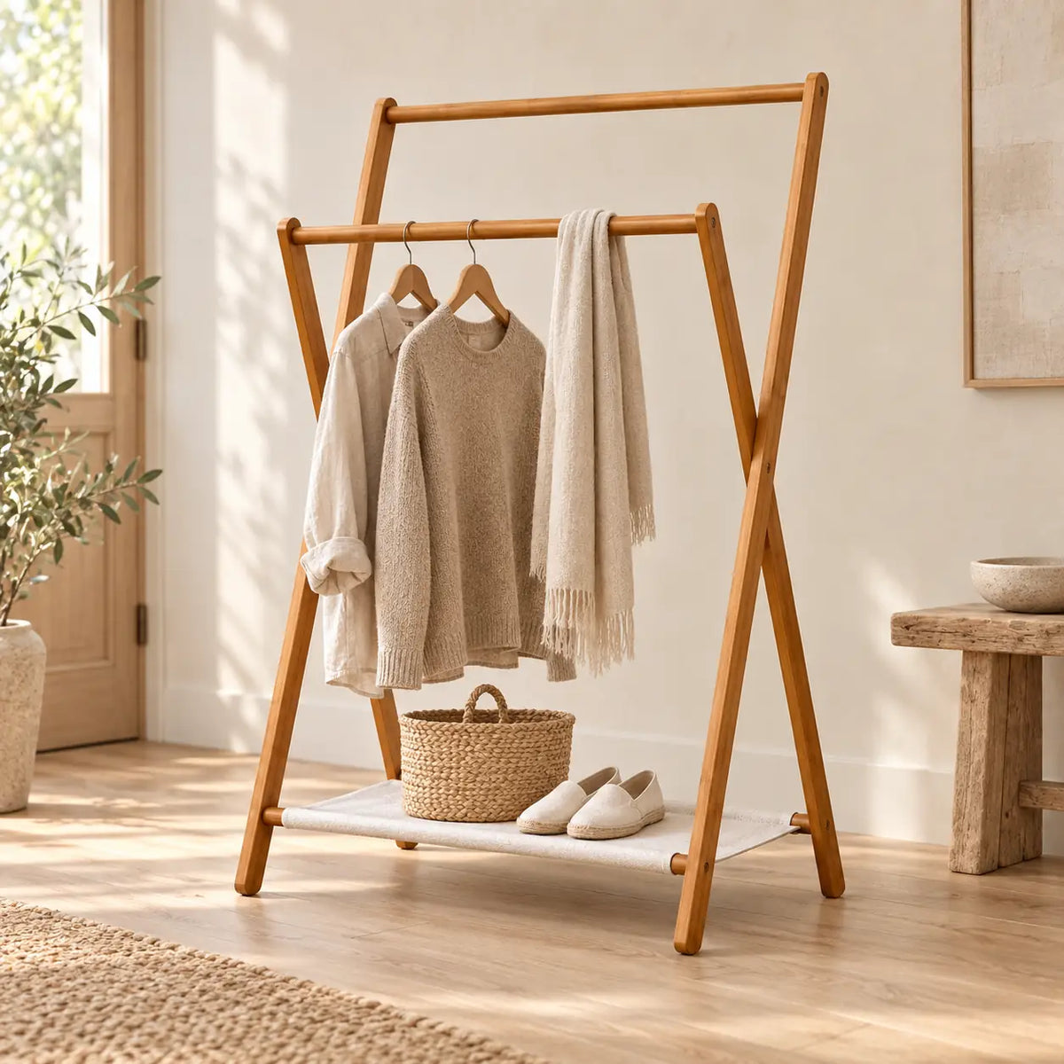 Portant bambou pliant sur pied 79 x 114 cm - mise en scène dans une chambre Image