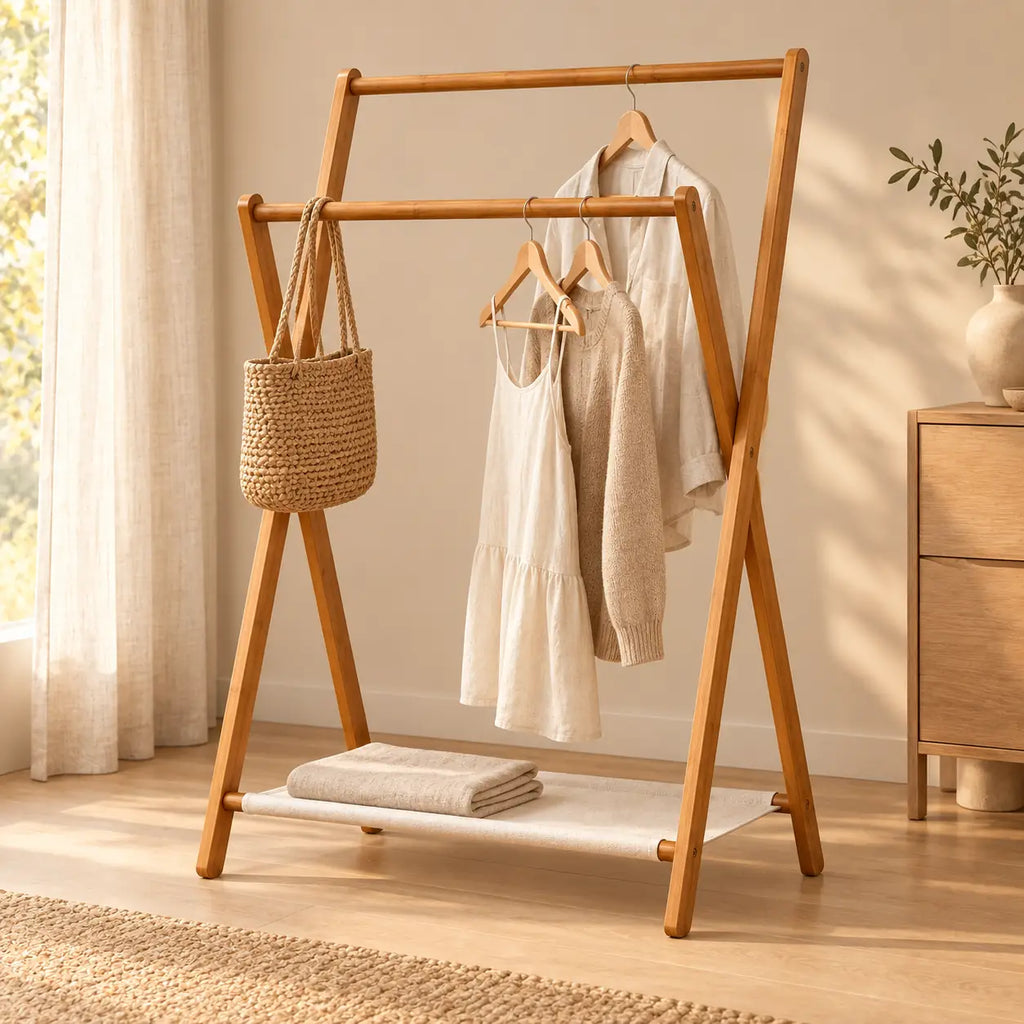 Portant bambou pliant sur pied 79 x 114 cm - ambiance dans un dressing contemporain