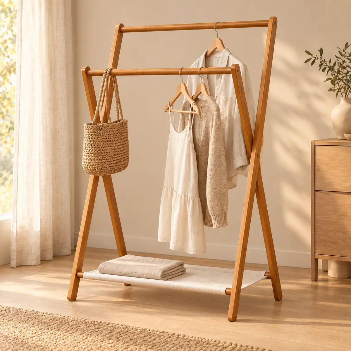 Portant bambou pliant sur pied 79 x 114 cm - ambiance dans un dressing contemporain