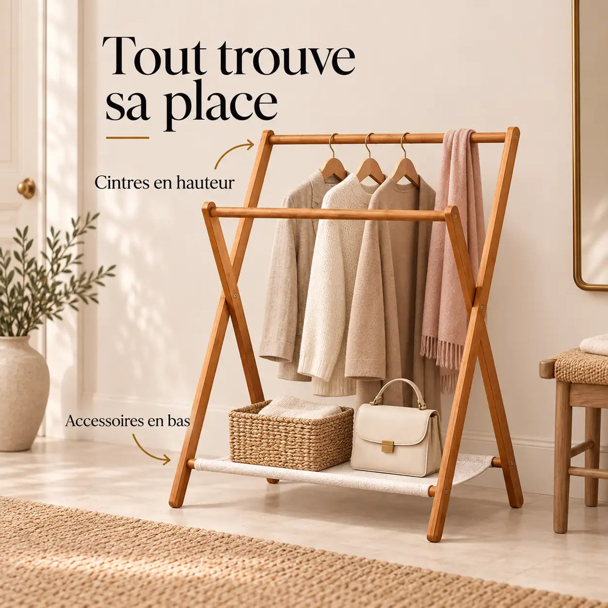 Portant bambou pliant sur pied 79 x 92 cm - utilisation dans un dressing