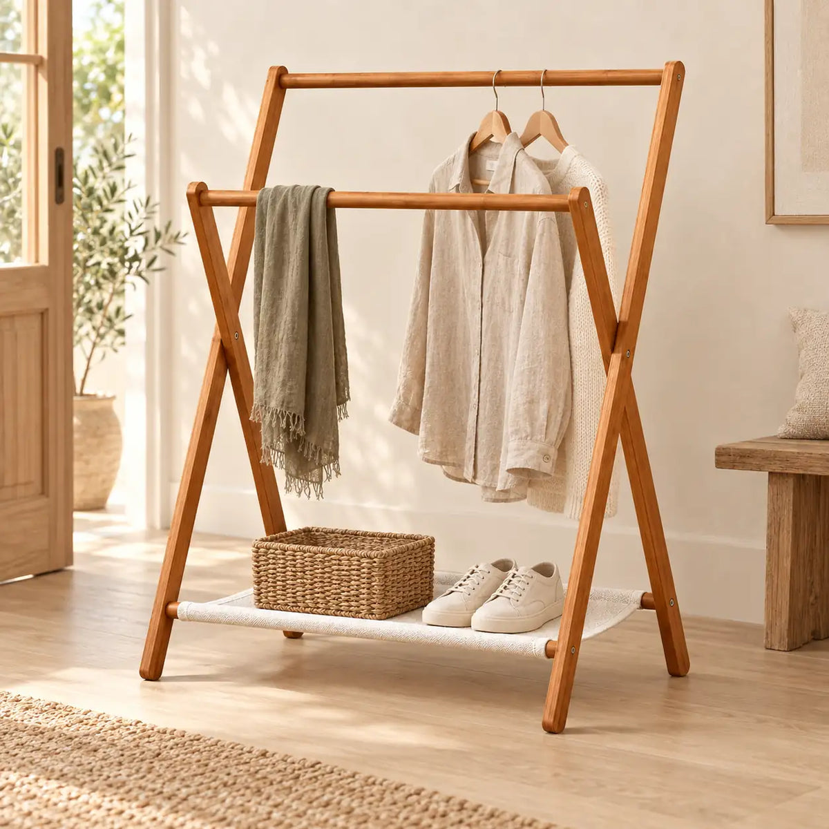 Portant bambou pliant sur pied 79 x 92 cm - mise en scène dans une chambre