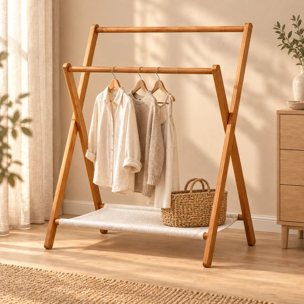 Portant bambou pliant sur pied 79 x 92 cm - ambiance dans un dressing contemporain