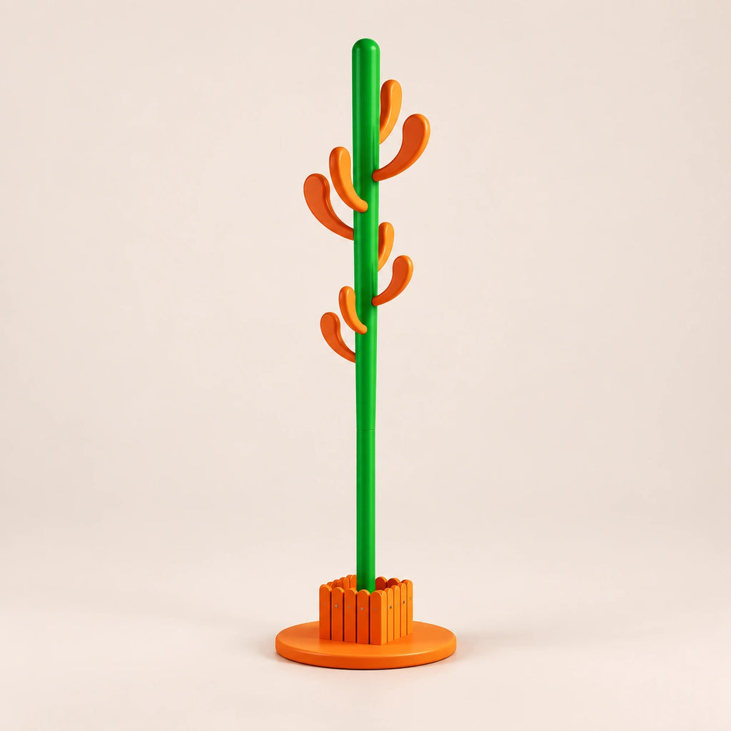 Porte-manteau cactus 145 cm orange, 8 crochets : vue complète sur fond beige