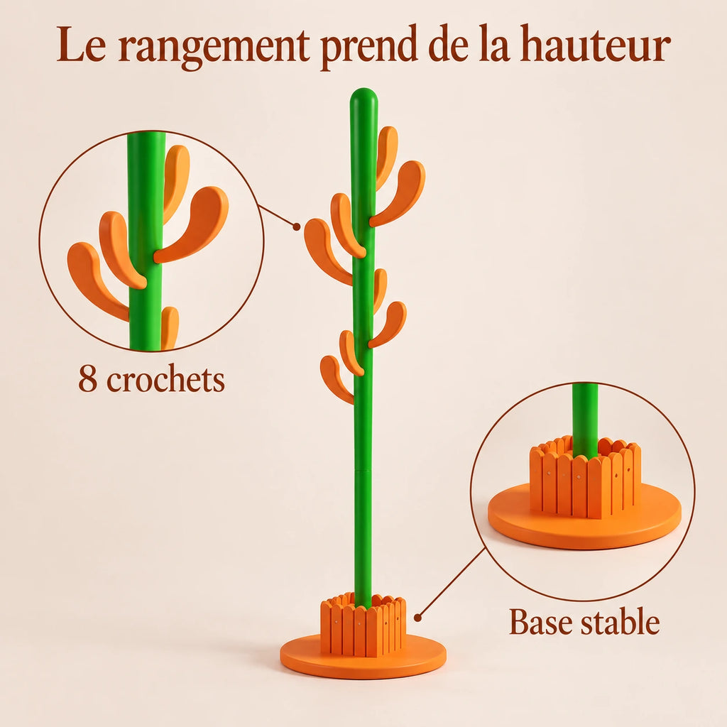 Porte-manteau cactus 145 cm orange, 8 crochets : infographie des 8 crochets et de la base stable