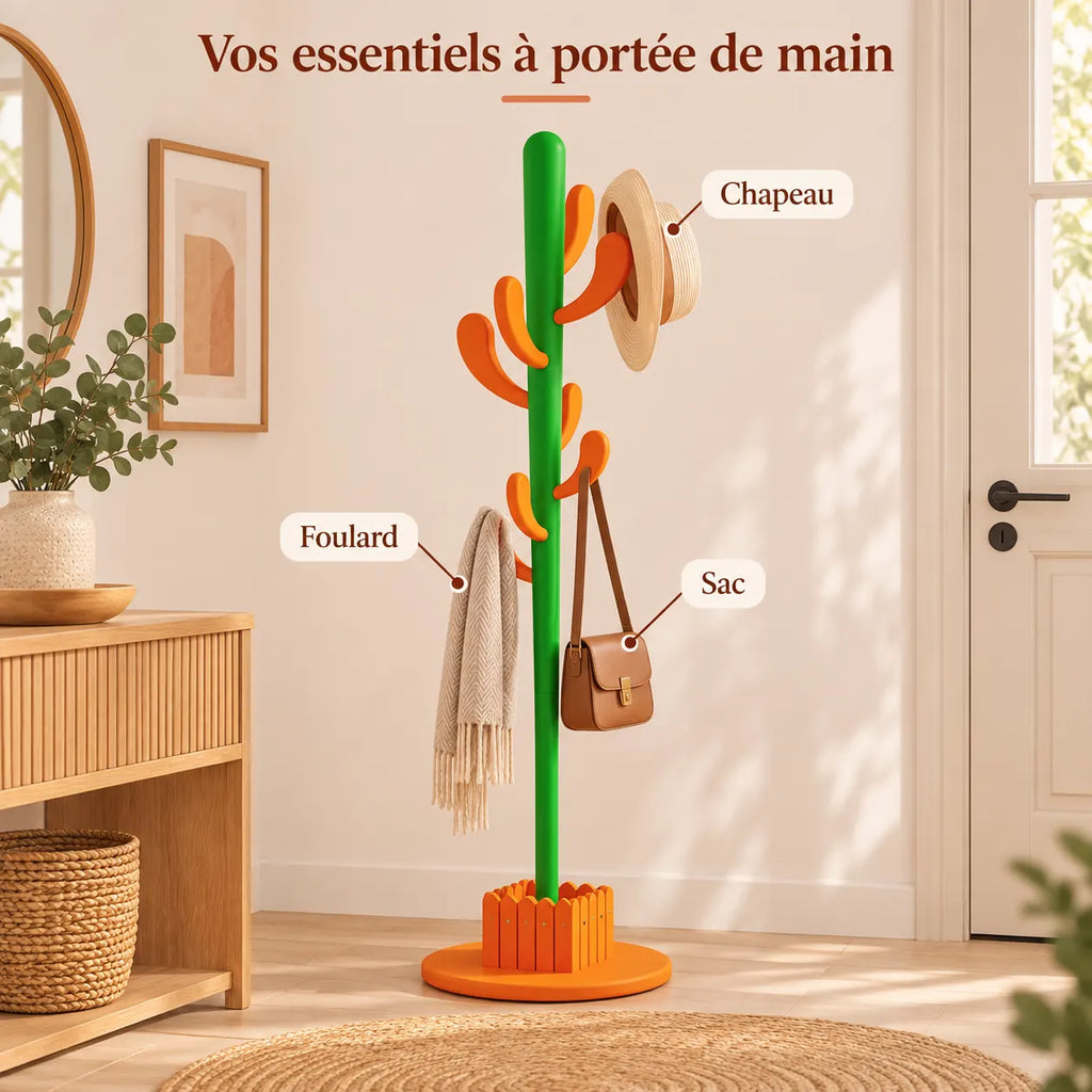 Porte-manteau cactus 145 cm orange, 8 crochets : avec chapeau, sac et foulard suspendus