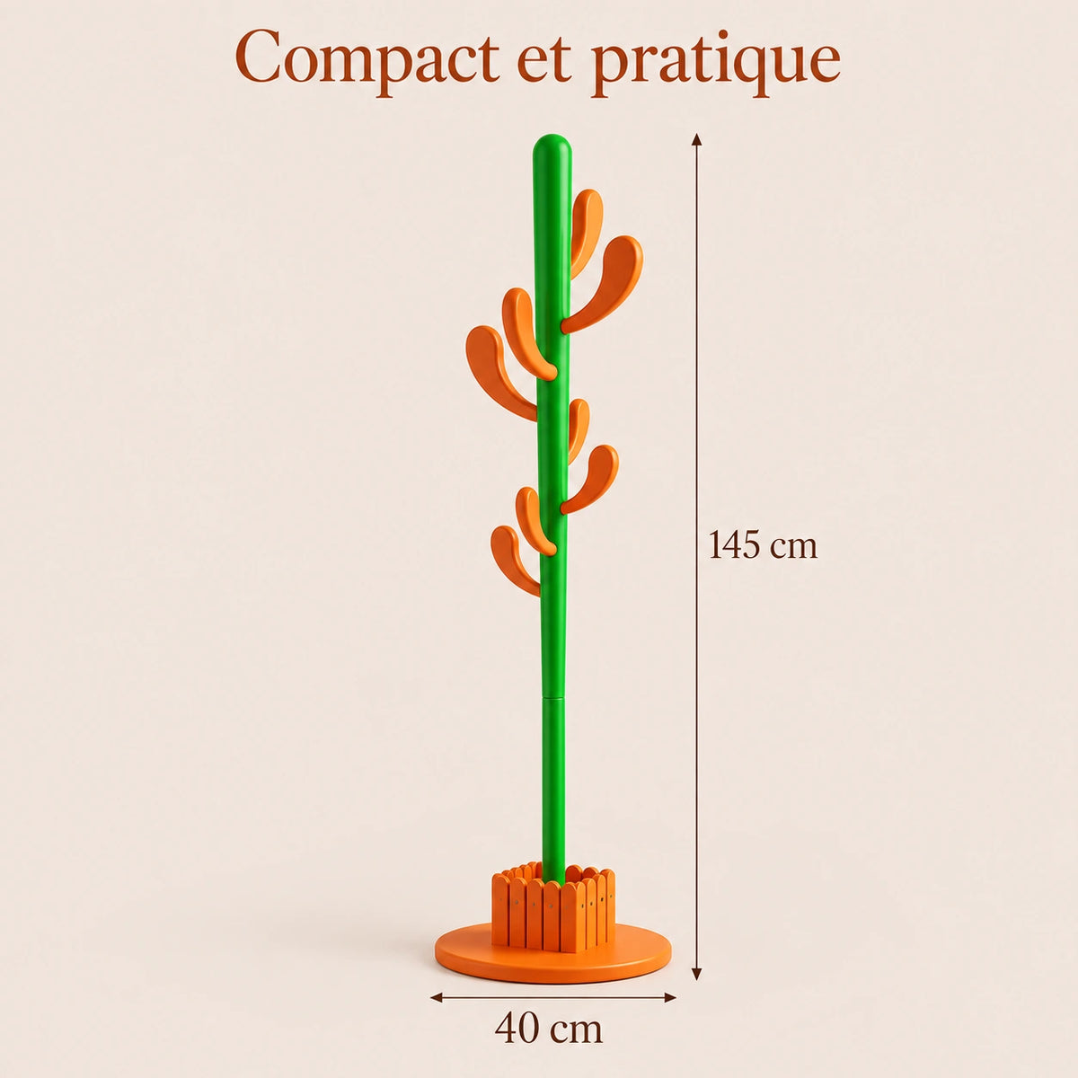 Porte-manteau cactus 145 cm orange, 8 crochets : infographie des dimensions du produit