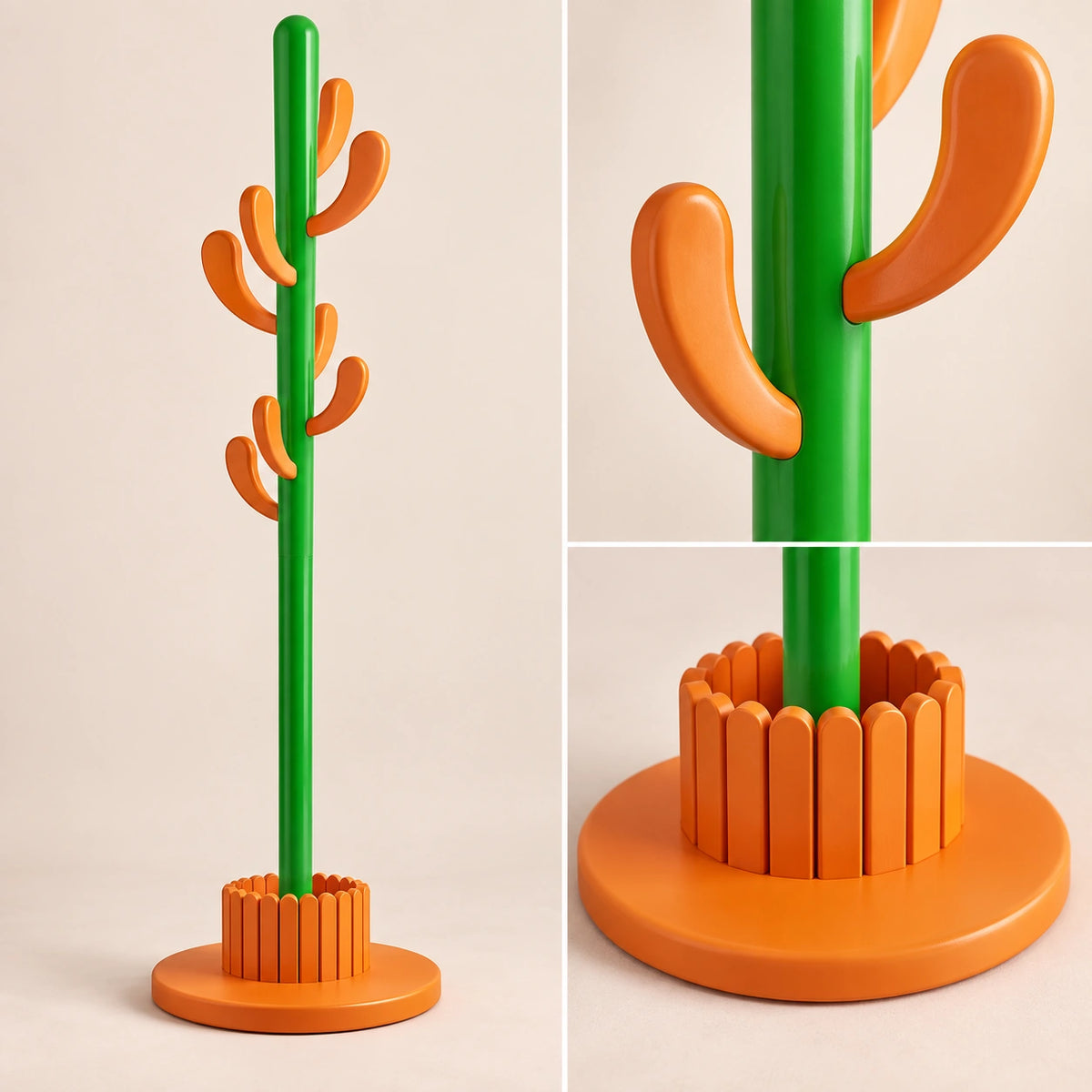 Porte-manteau cactus 145 cm orange, 8 crochets : détail des branches et de la base