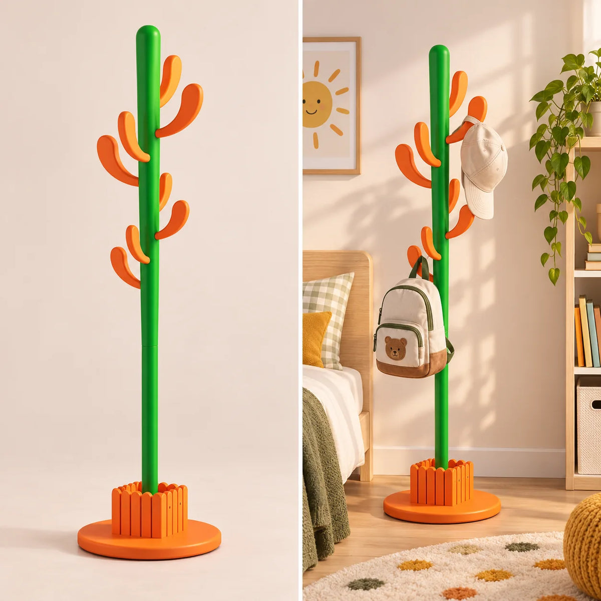 Porte-manteau cactus 145 cm orange, 8 crochets : installé dans une chambre colorée