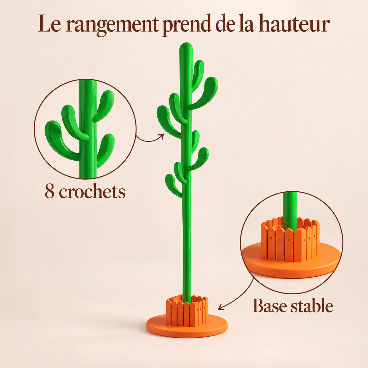 Porte-manteau cactus 145 cm vert, 8 crochets : infographie des 8 crochets et de la base stable