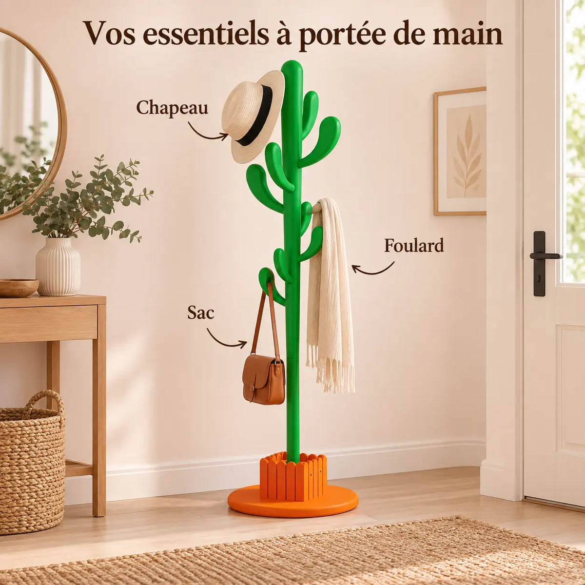 Porte-manteau cactus 145 cm vert, 8 crochets : avec chapeau, sac et foulard suspendus