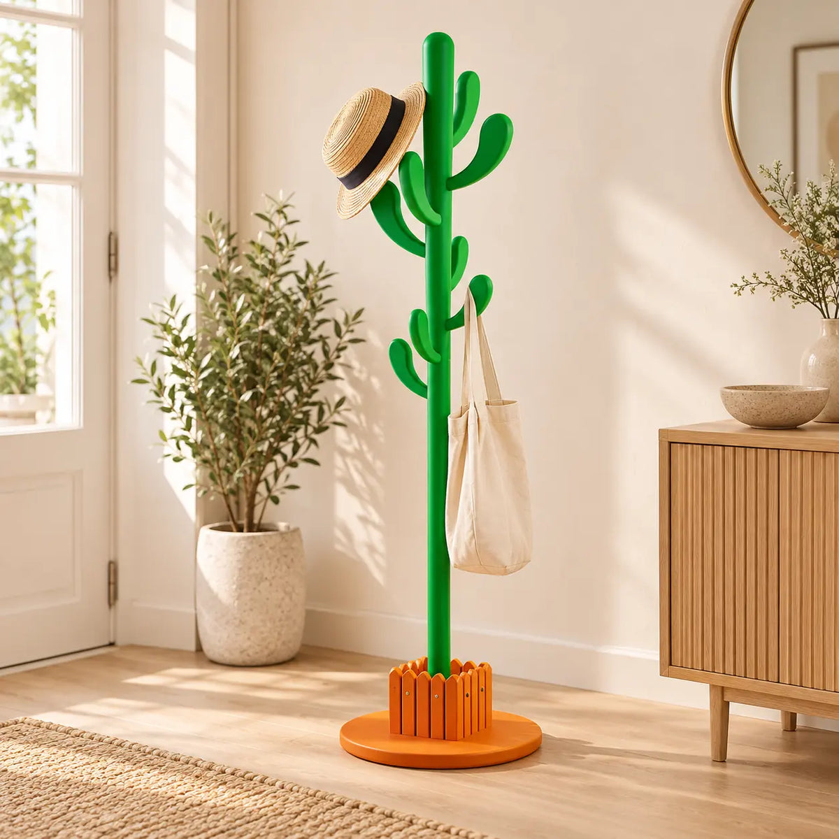 Porte-manteau cactus 145 cm vert, 8 crochets : installé dans une entrée lumineuse