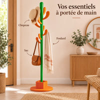 Porte-manteau cactus 168 cm orange, 8 crochets : avec chapeau, sac et foulard suspendus