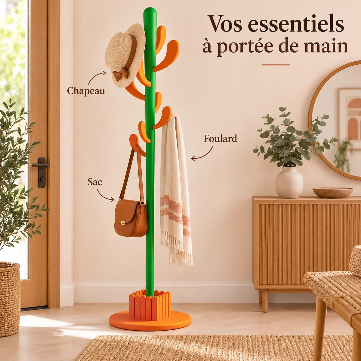 Porte-manteau cactus 168 cm orange, 8 crochets : avec chapeau, sac et foulard suspendus