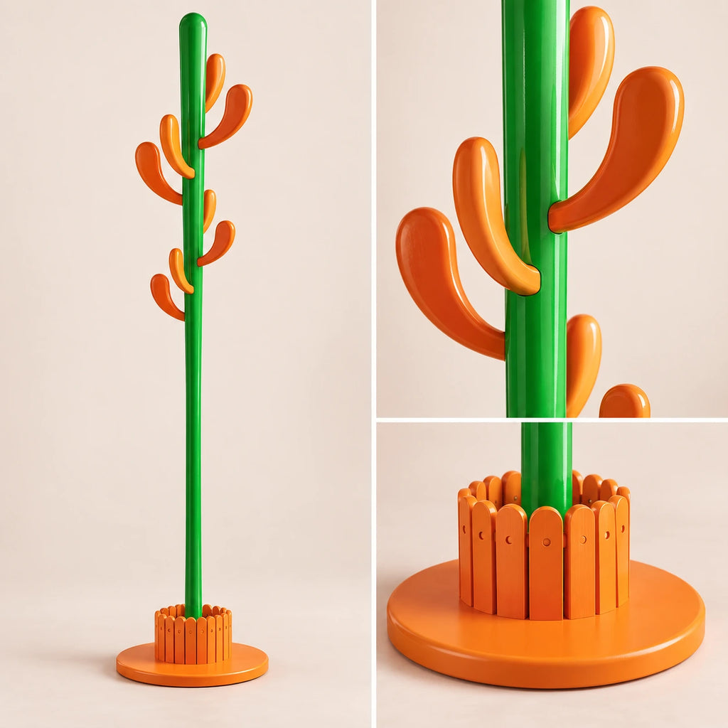 Porte-manteau cactus 168 cm orange, 8 crochets : détail des branches et de la base