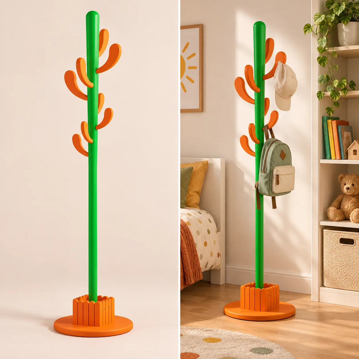 Porte-manteau cactus 168 cm orange, 8 crochets : installé dans une chambre colorée
