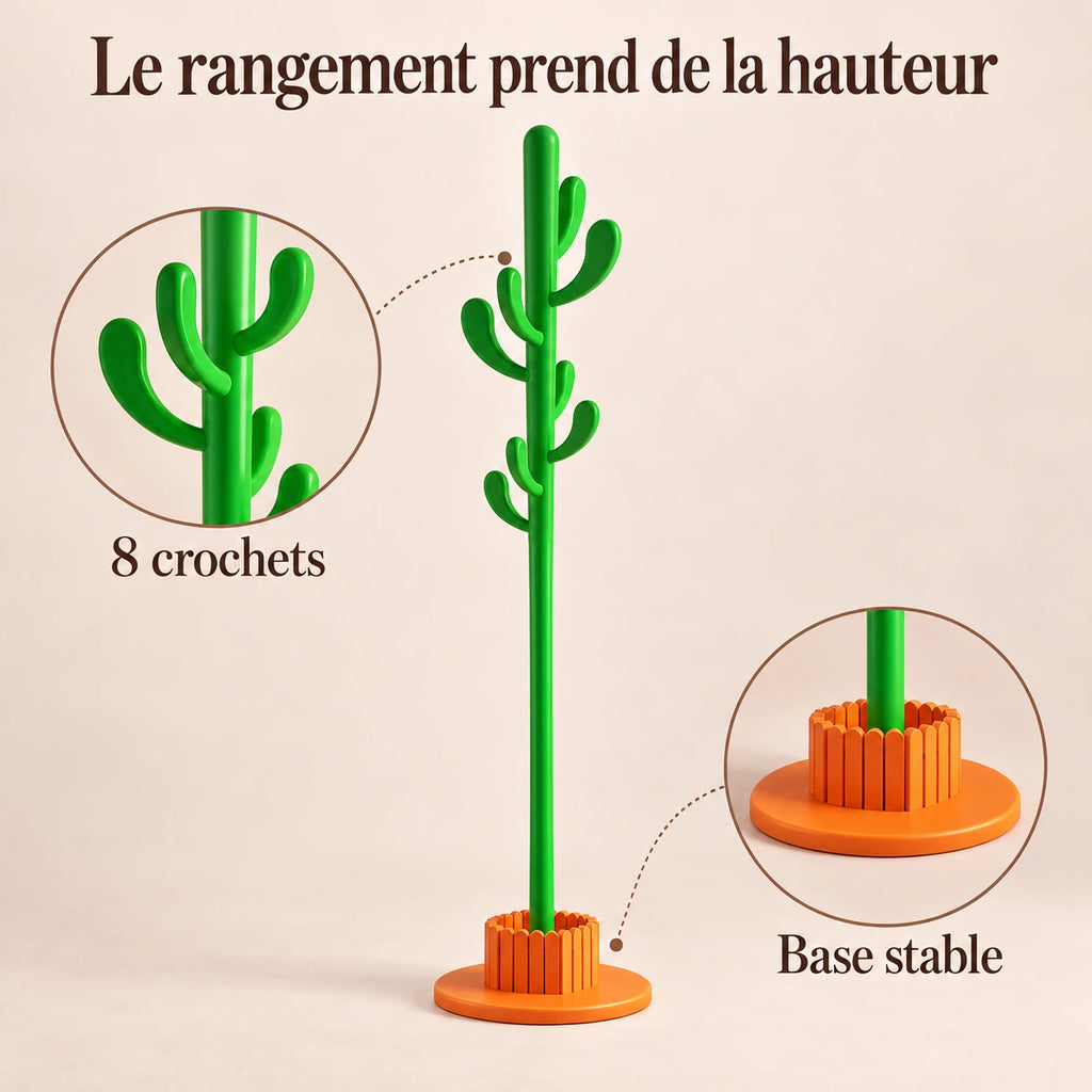 Porte-manteau cactus 168 cm vert, 8 crochets : infographie des 8 crochets et de la base stable