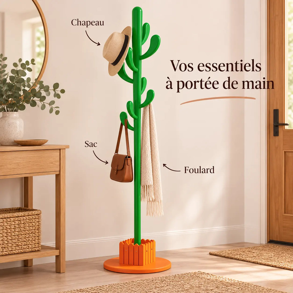 Porte-manteau cactus 168 cm vert, 8 crochets : avec chapeau, sac et foulard suspendus