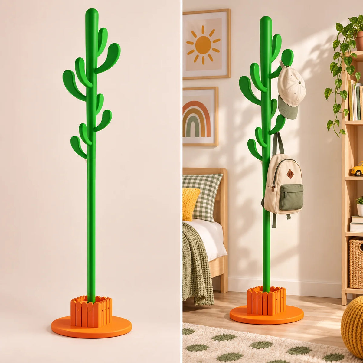 Porte-manteau cactus 168 cm vert, 8 crochets : installé dans une chambre colorée