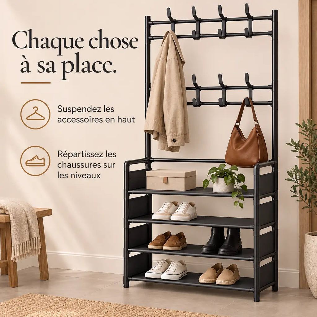 Conseils pour organiser chaussures et accessoires sur le porte-manteau noir à huit crochets.
