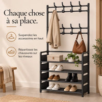 Conseils pour organiser chaussures et accessoires sur le porte-manteau noir à huit crochets.
