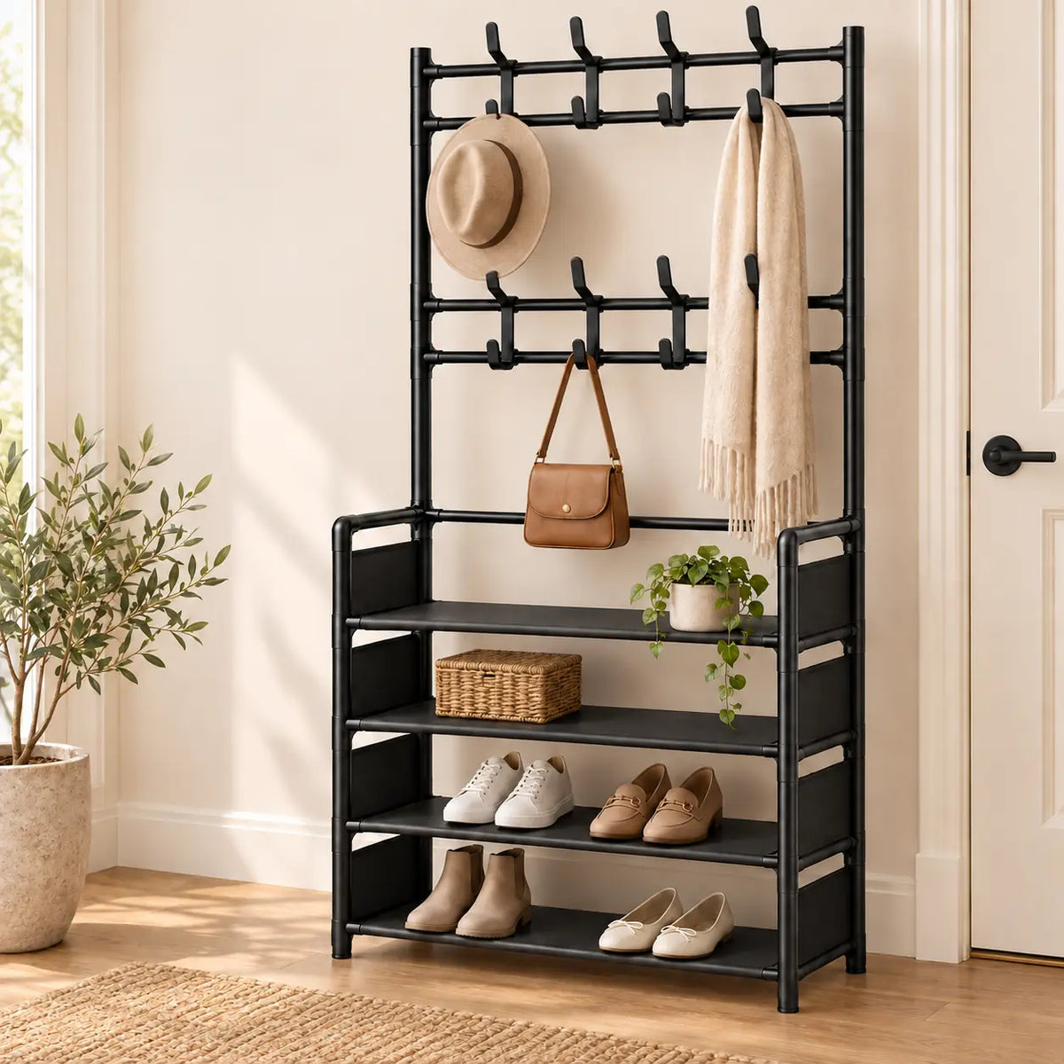 Porte-manteau noir avec quatre étagères à chaussures dans une entrée lumineuse.