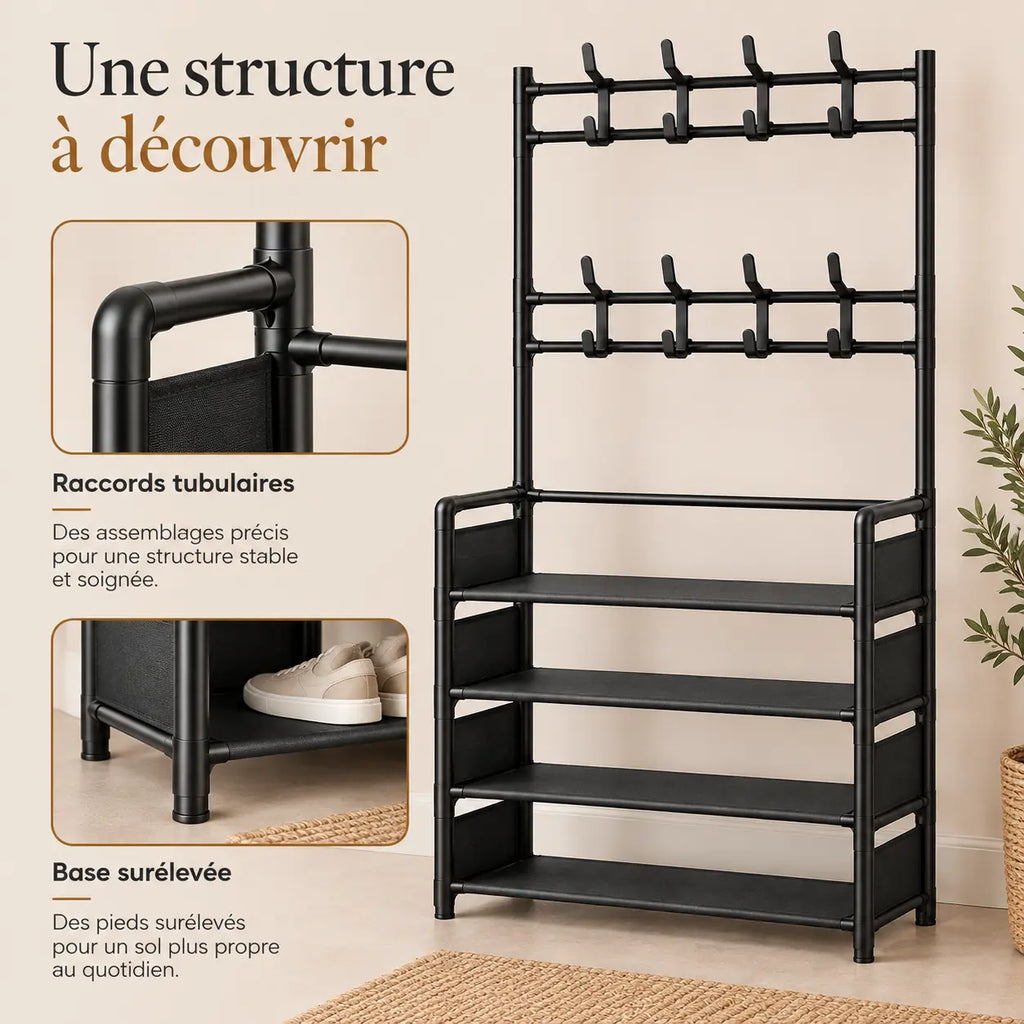 Vue rapprochée des tubes, raccords et étagères du porte-manteau noir.