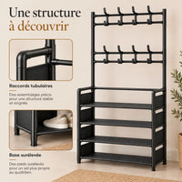 Vue rapprochée des tubes, raccords et étagères du porte-manteau noir.