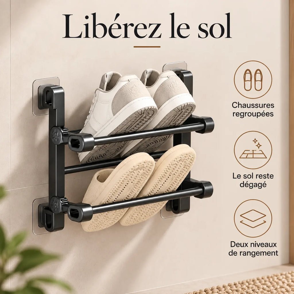 Range-chaussures mural de 30 cm pour libérer le sol et regrouper les paires.