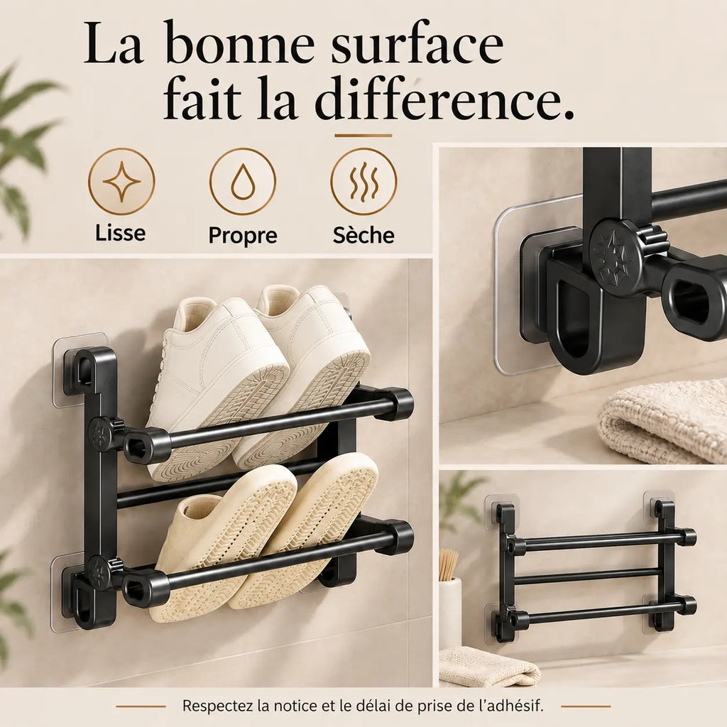 Préparation d’une surface lisse, propre et sèche avant la fixation adhésive du range-chaussures.