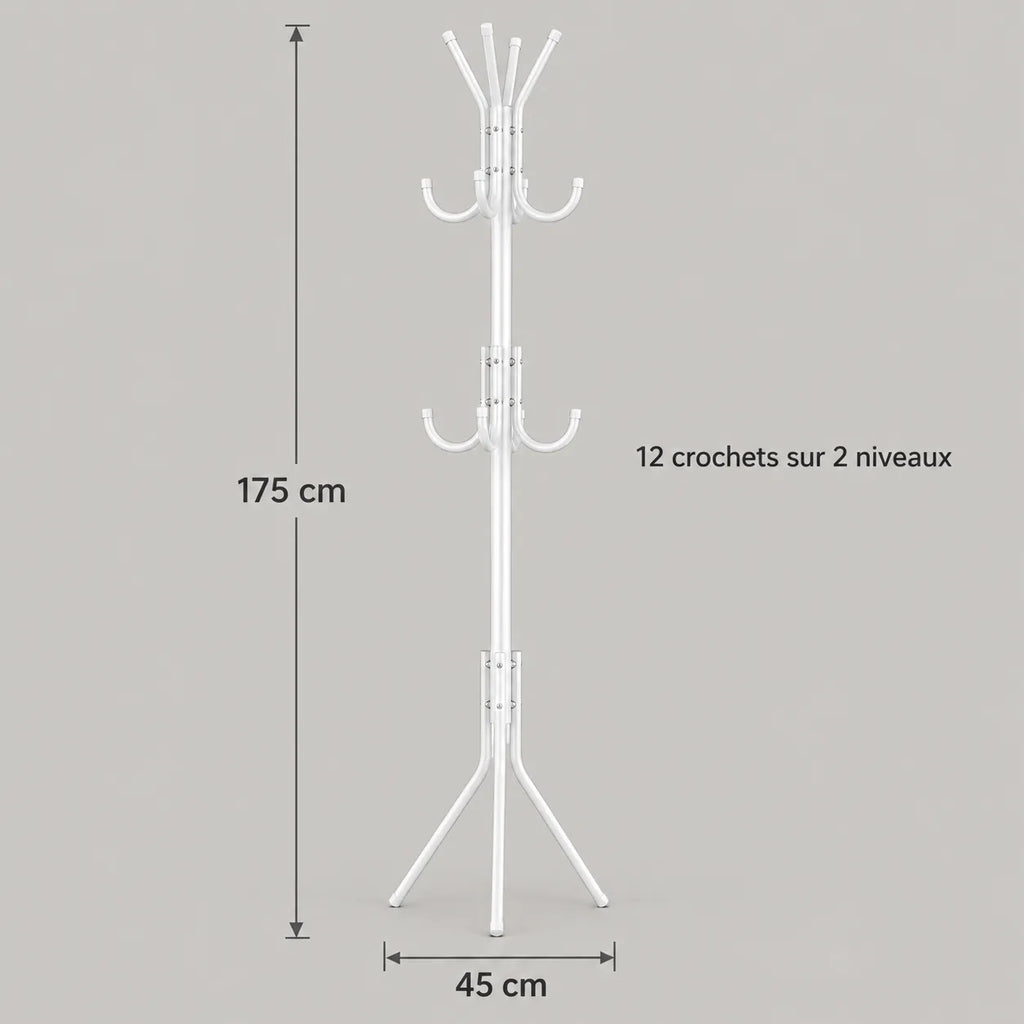 Dimensions du porte-manteau sur pied blanc : hauteur 175 cm et base 45 cm