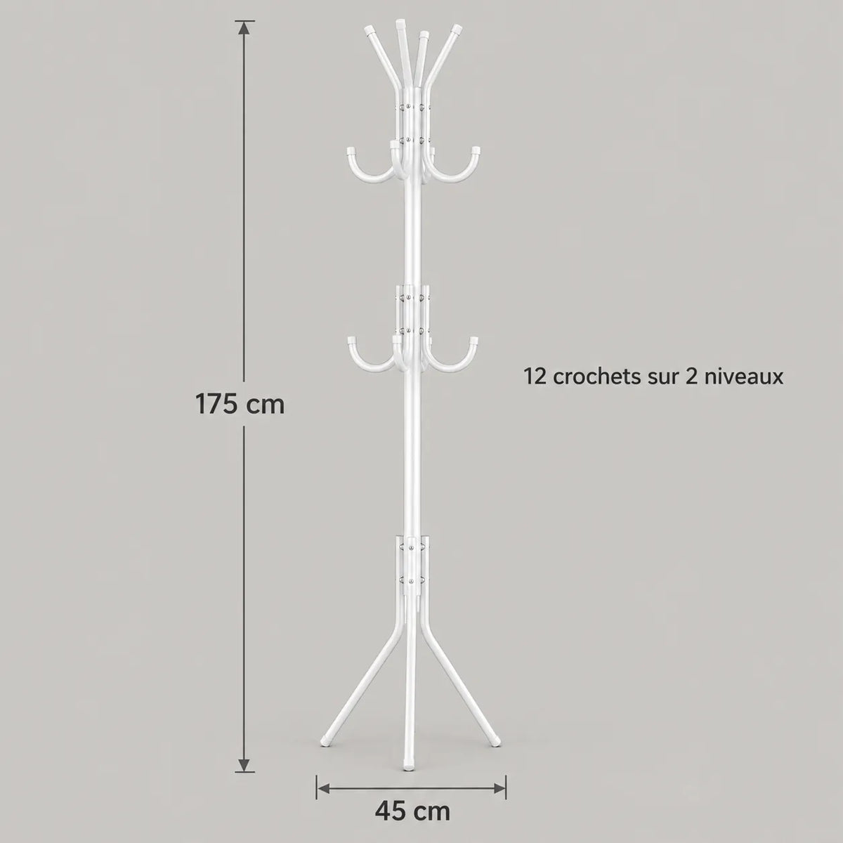 Dimensions du porte-manteau sur pied blanc : hauteur 175 cm et base 45 cm