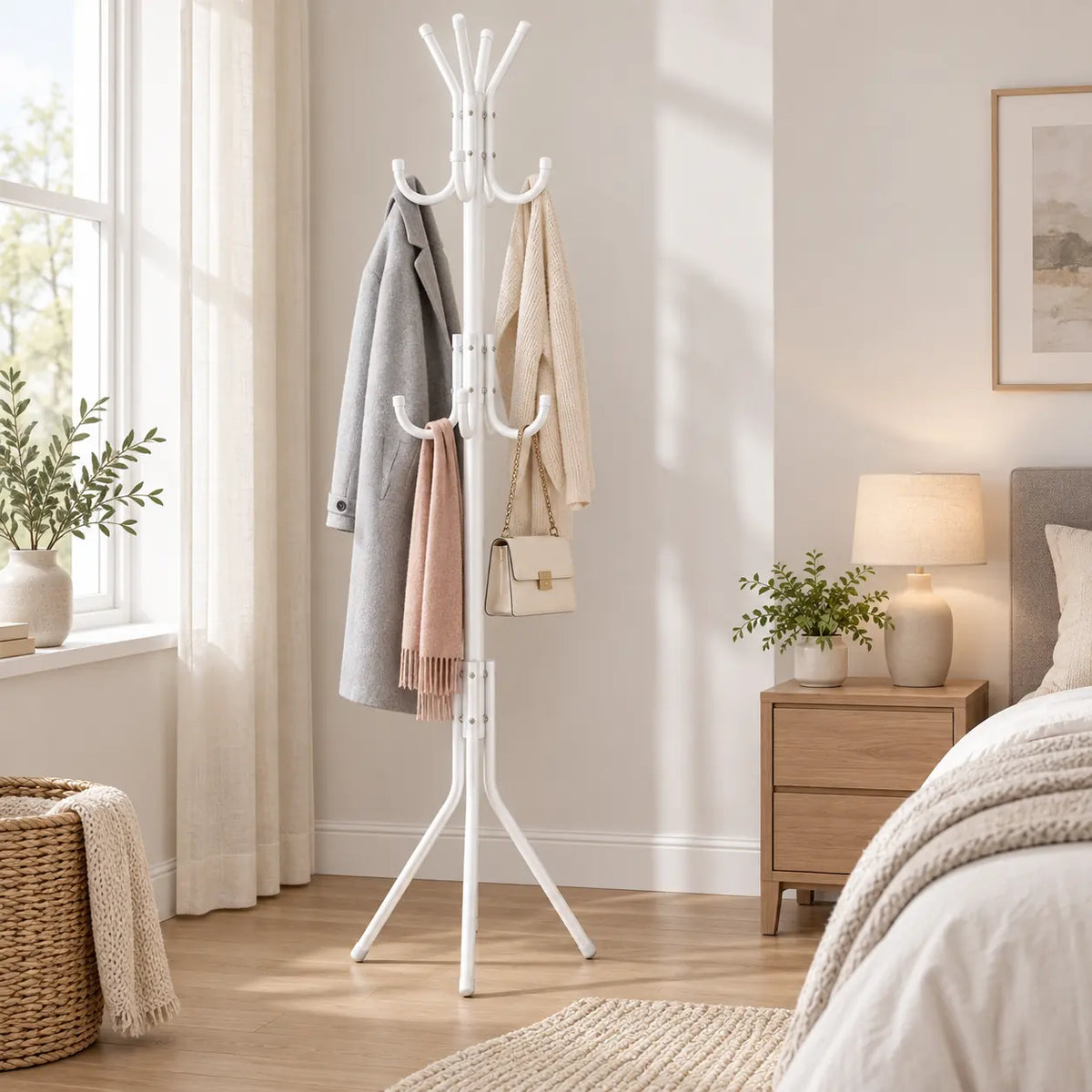 Porte-manteau sur pied blanc utilisé avec vêtements clairs dans une chambre