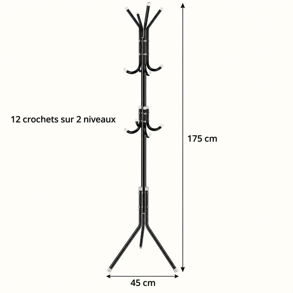 Dimensions du porte-manteau sur pied noir : hauteur 175 cm et base 45 cm