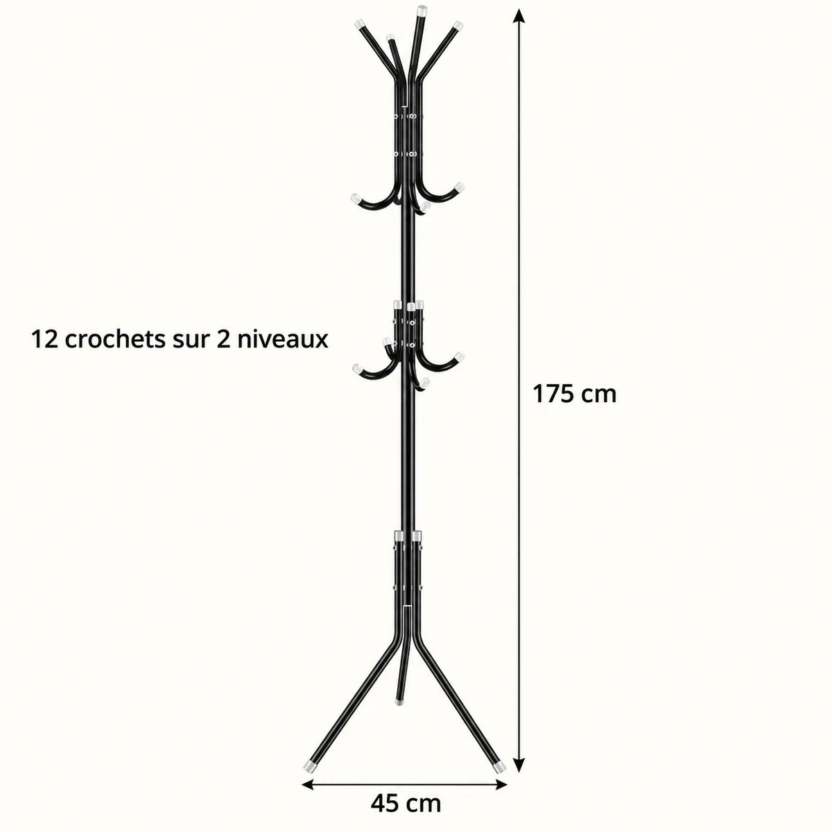 Dimensions du porte-manteau sur pied noir : hauteur 175 cm et base 45 cm