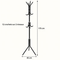 Dimensions du porte-manteau sur pied noir : hauteur 175 cm et base 45 cm