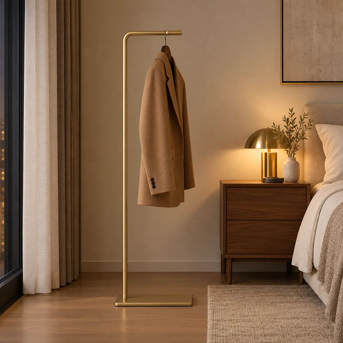 Porte-manteau valet doré avec veste camel dans une chambre élégante
