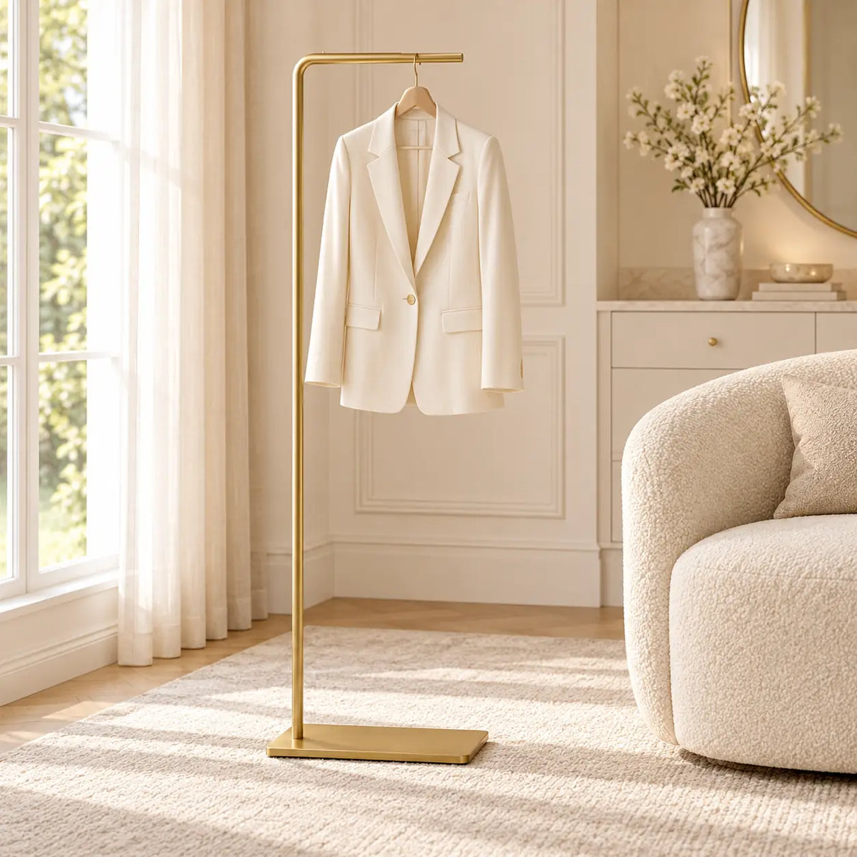 Porte-manteau valet doré avec blazer ivoire dans un dressing élégant