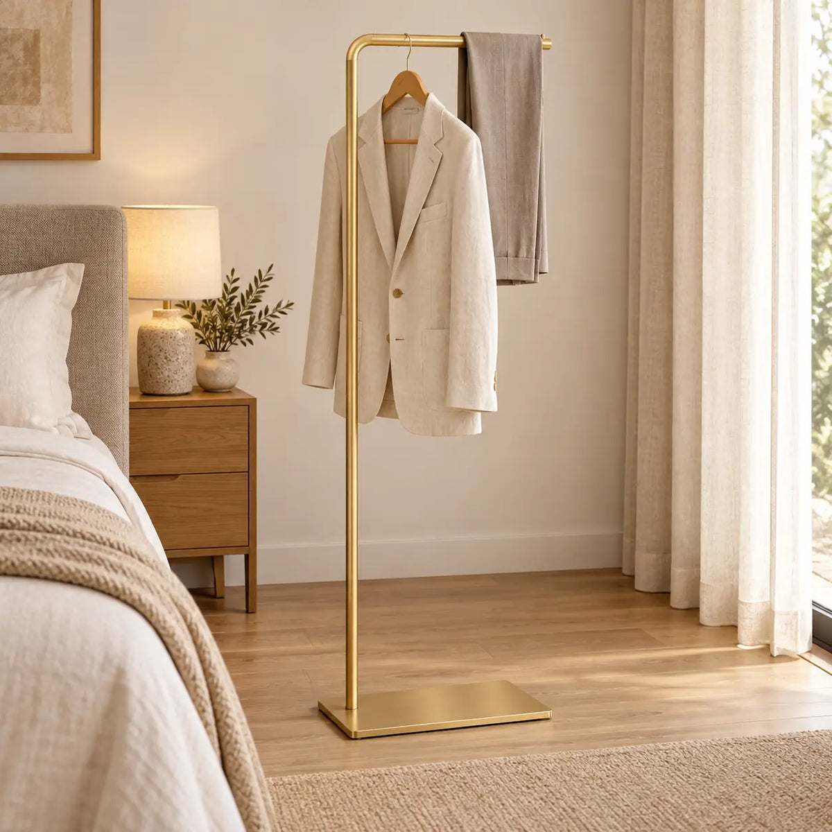 Porte-manteau valet doré utilisé avec veste claire et pantalon dans une chambre