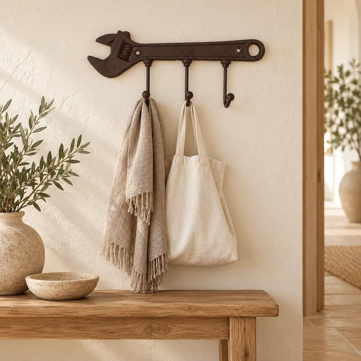 Patère clé à molette avec écharpe sèche et sac vide dans une entrée claire