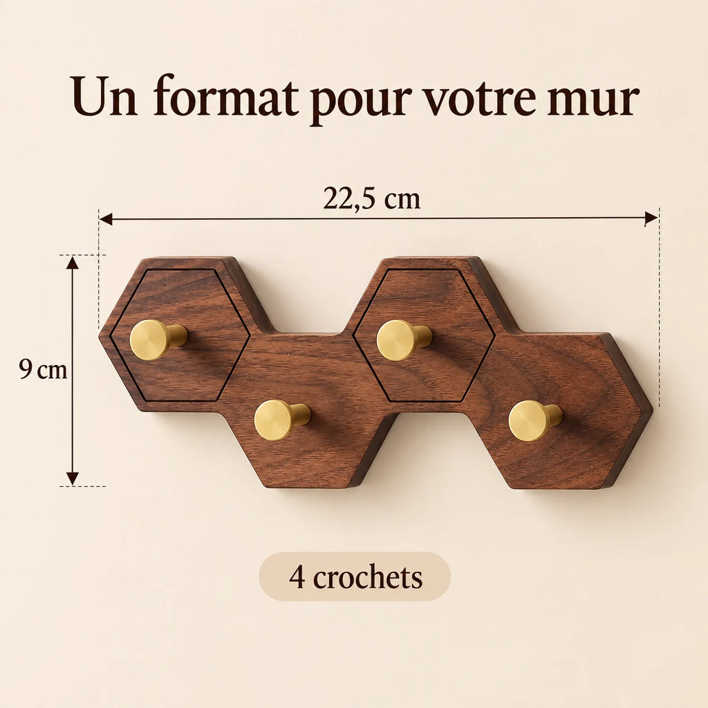 Crochet mural nid d’abeille bois brun, 4 crochets en laiton, dimensions du support