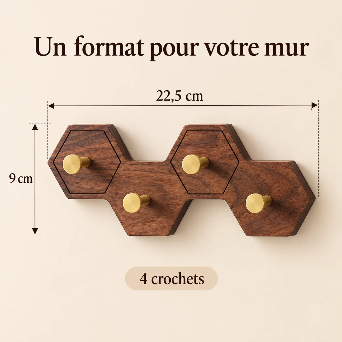 Crochet mural nid d’abeille bois brun, 4 crochets en laiton, dimensions du support